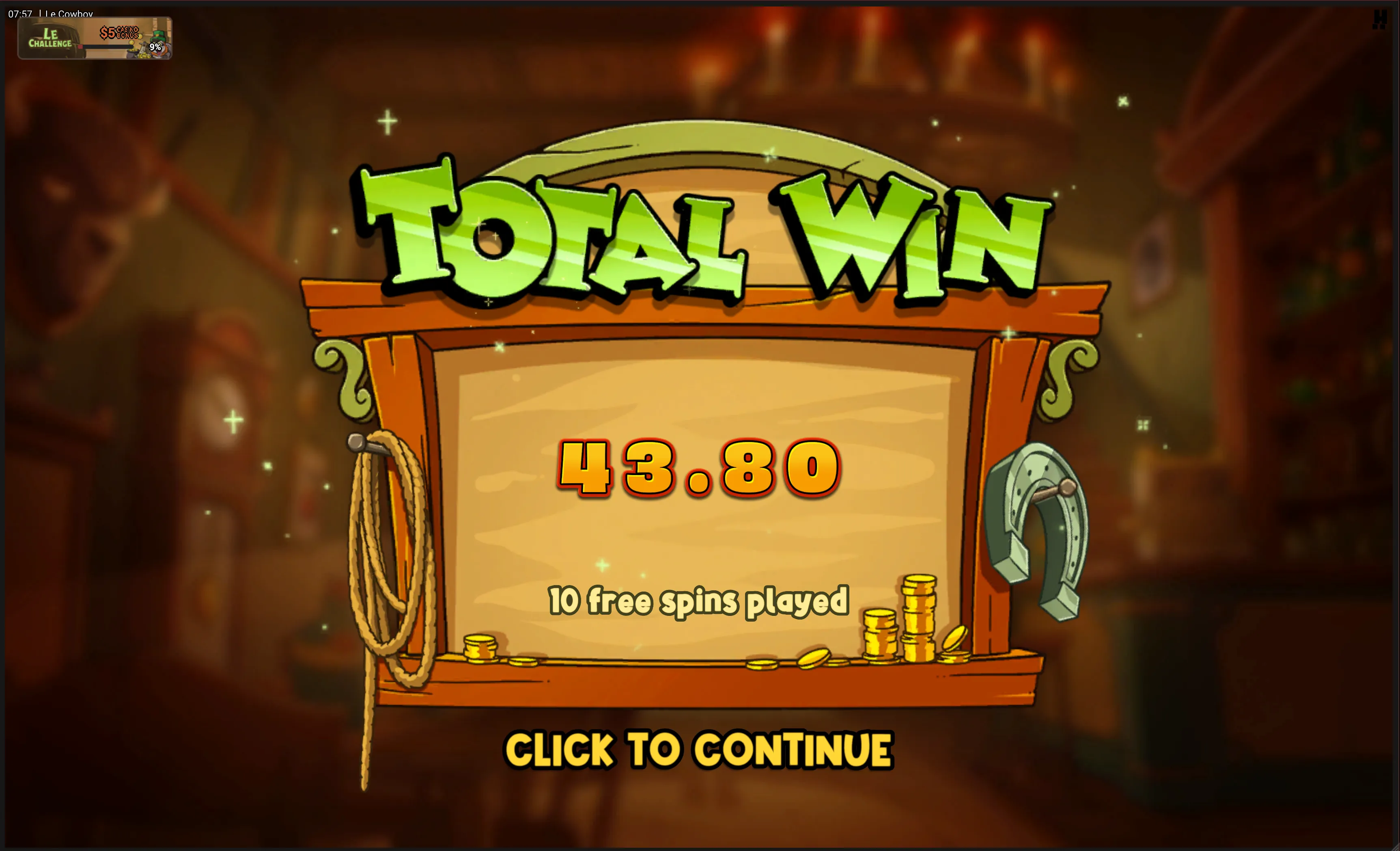 Le Cowboy totalgevinst etter 10 gratisspinn: 43.80