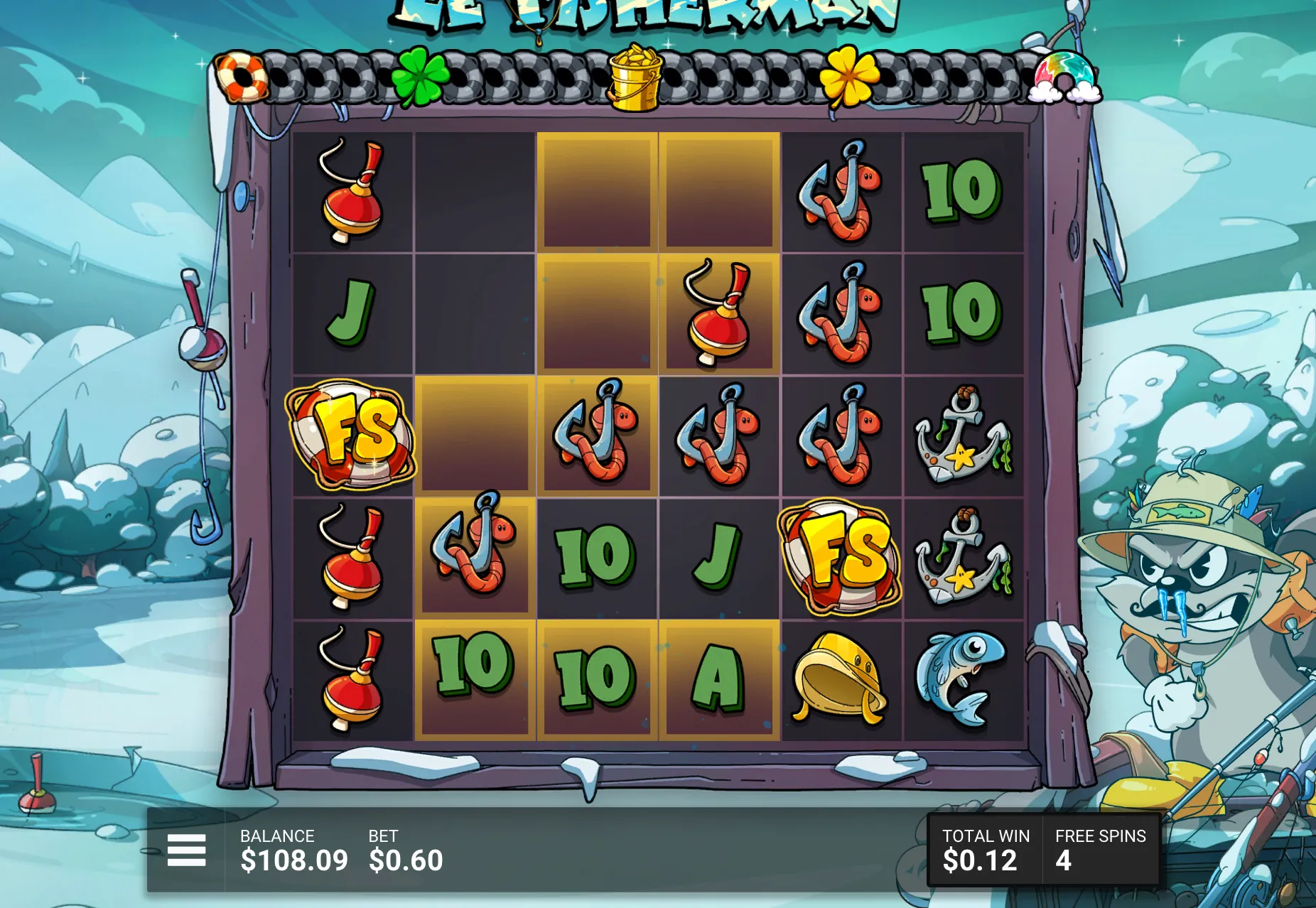 Le Fisherman grunnspill: 6×5-rutenettet med Golden Squares aktivert og to FS-symboler synlige
