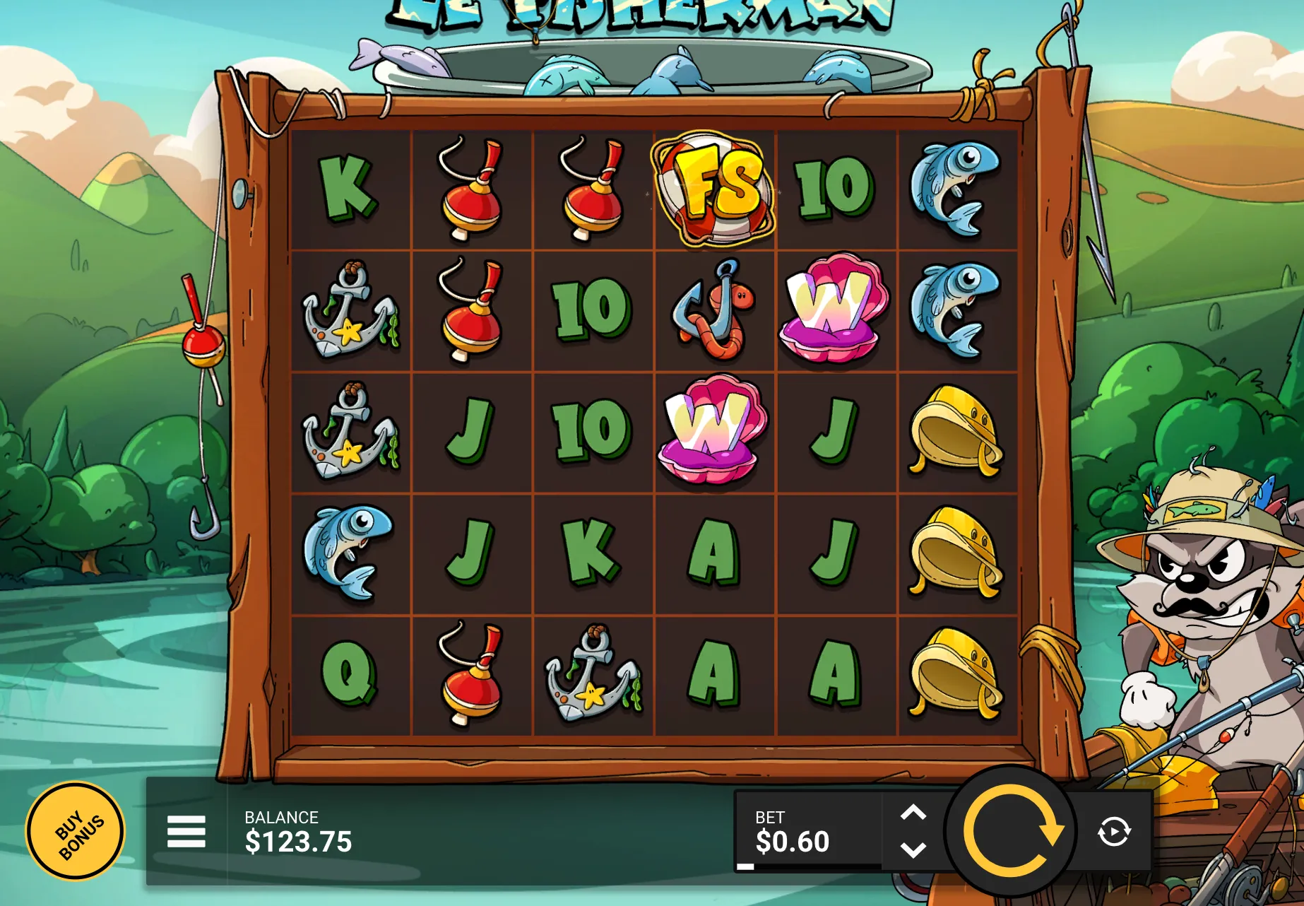 Le Fisherman grunnspill med Wild-symboler (skjell) synlig i rutenettet og Buy Bonus-knapp til venstre