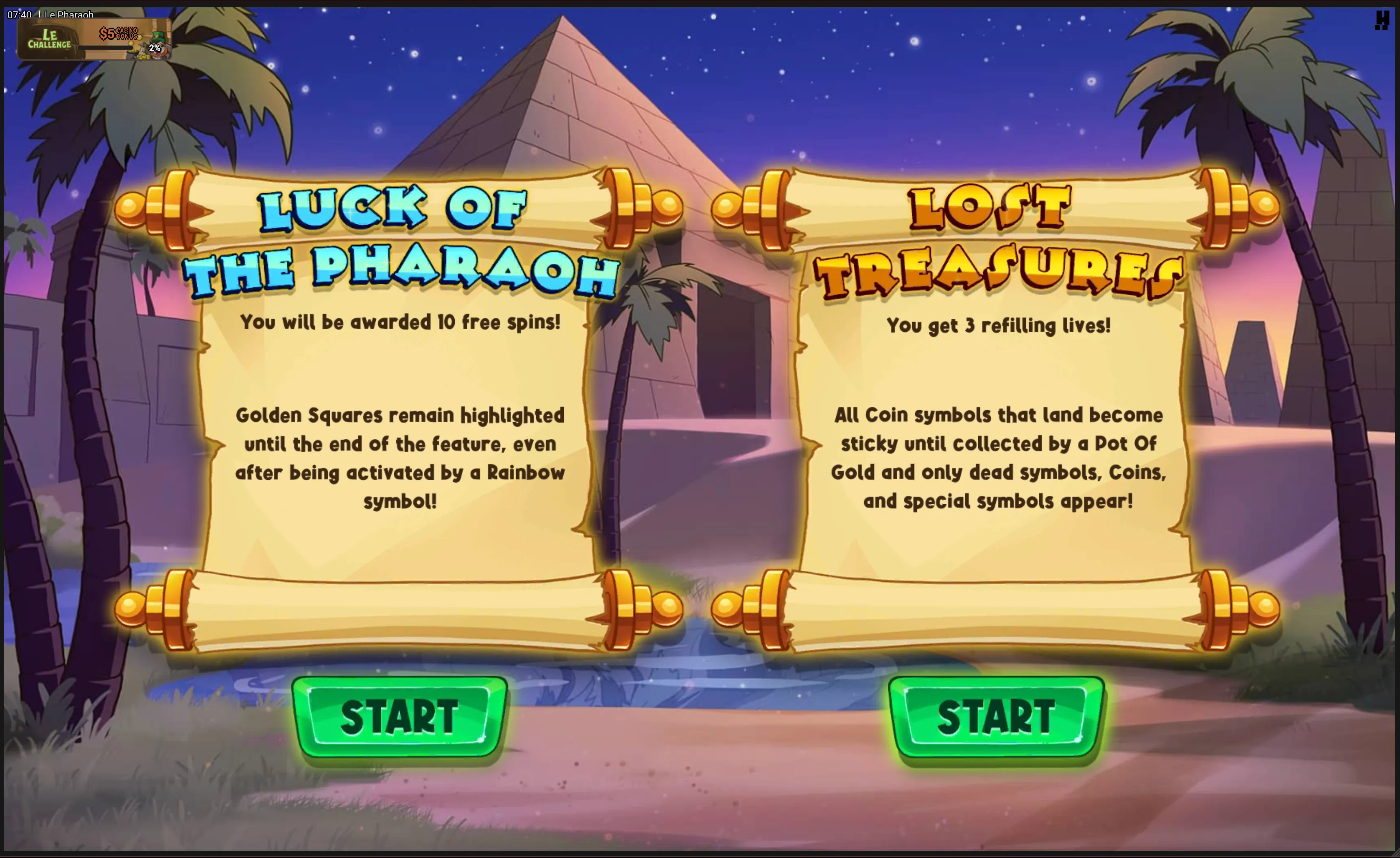 Le Pharaoh bonusvalg: Luck of the Pharaoh (10 gratisspinn) vs. Lost Treasures (3 liv, hold-and-spin)