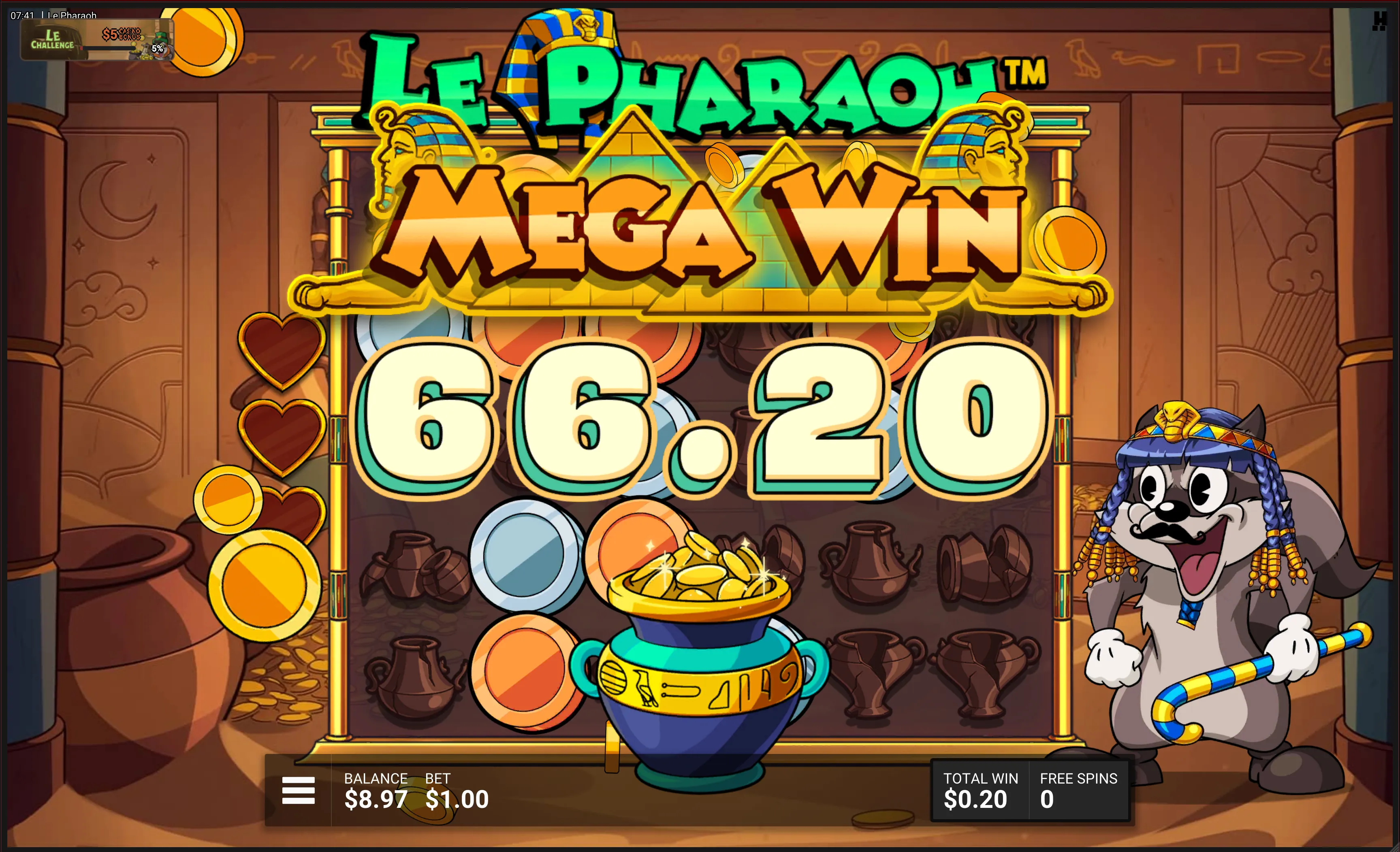 Le Pharaoh Mega Win: 66.20 kr gevinst i Lost Treasures bonusrunden